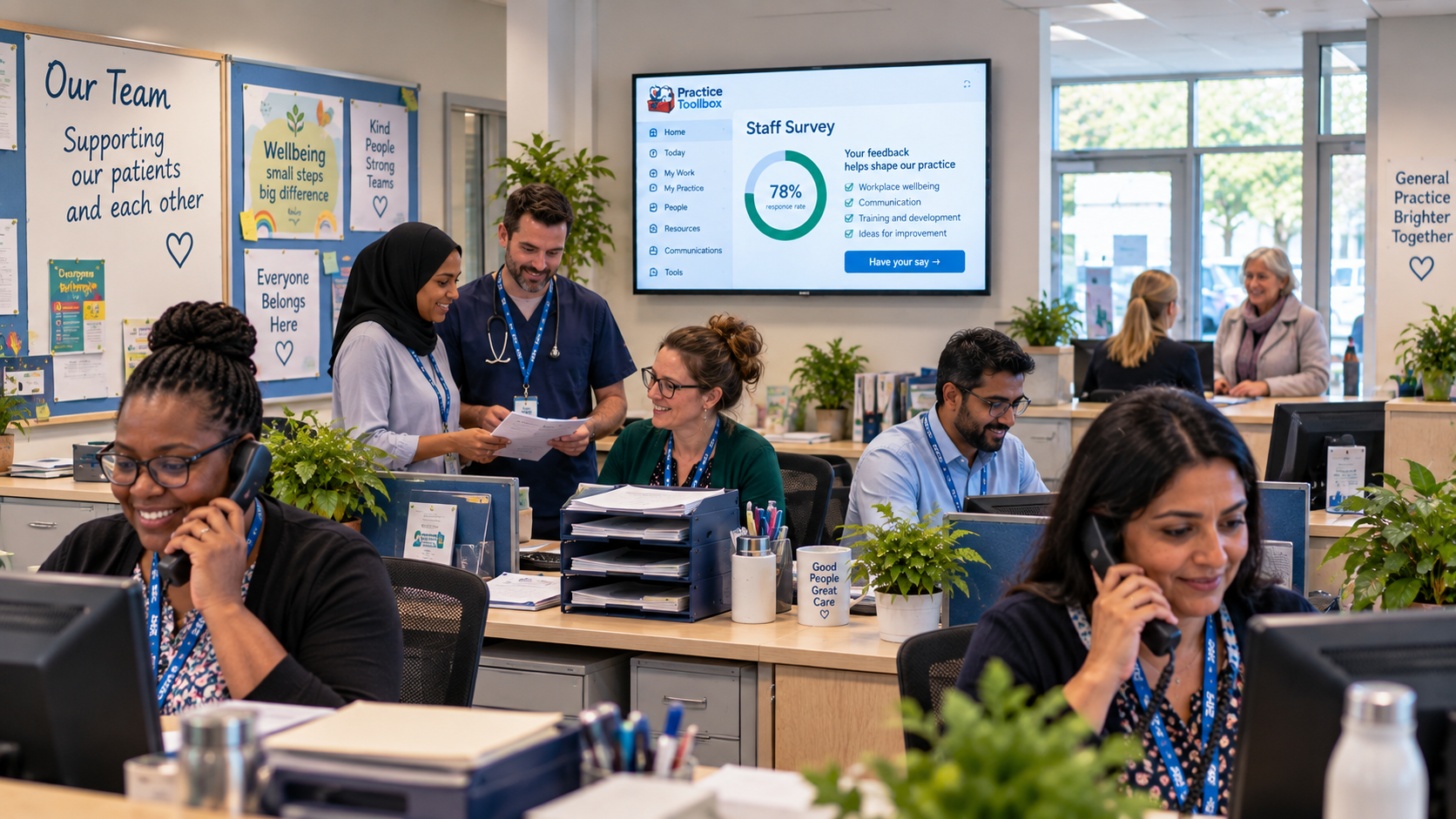 A general practice team working together in a busy practice